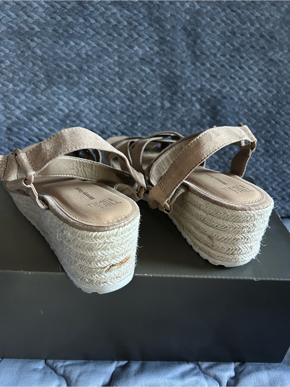 Time and Tru Taupe Suede Crisscross Espadrille Sandals - Picture 2 of 4
